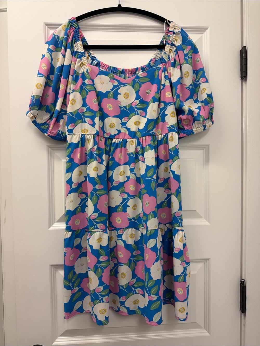 Blue Floral Puff Sleeve Tiered Dress
